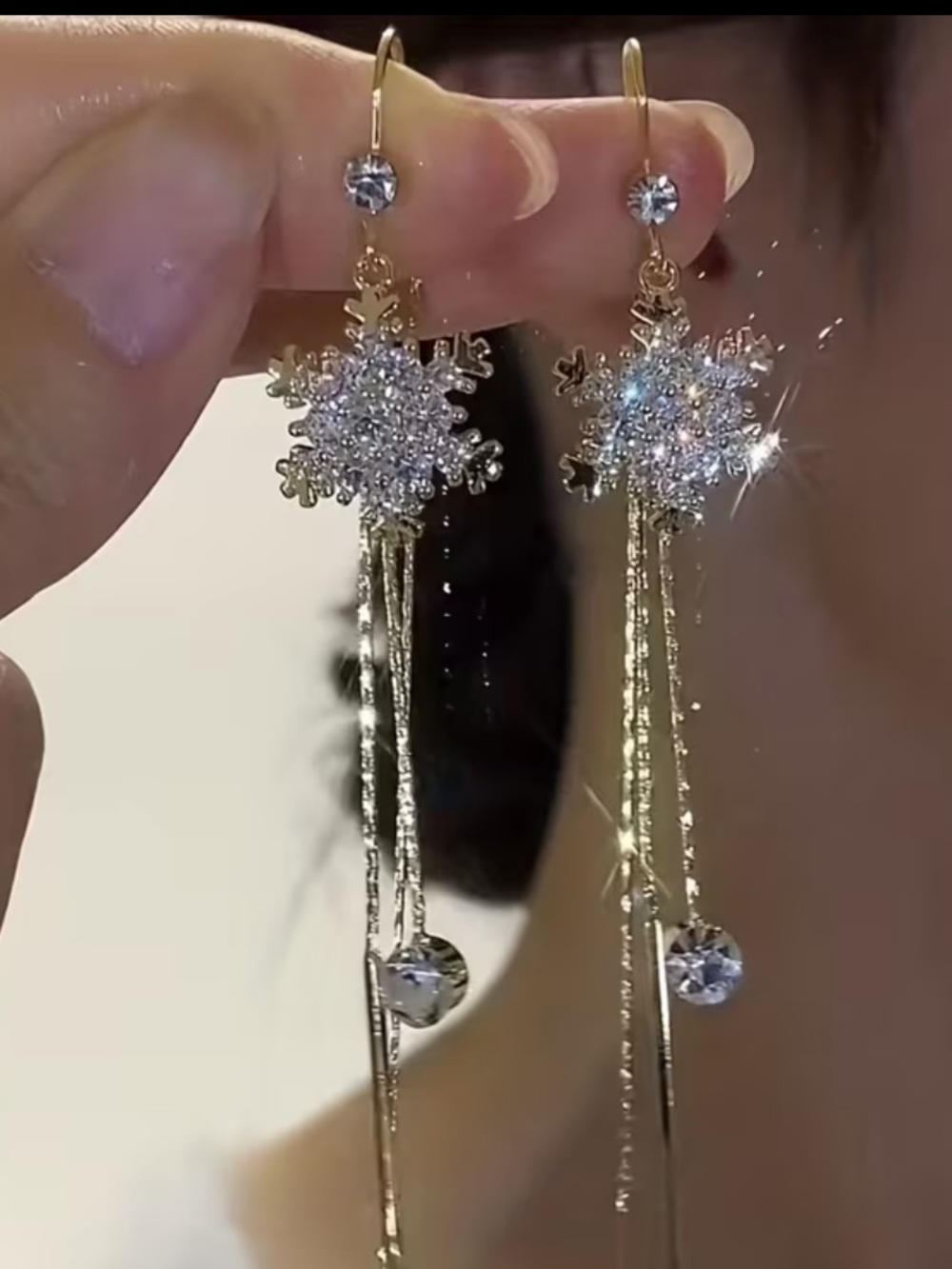 Gold Snowflake Drop Earrings with Crystal Accents